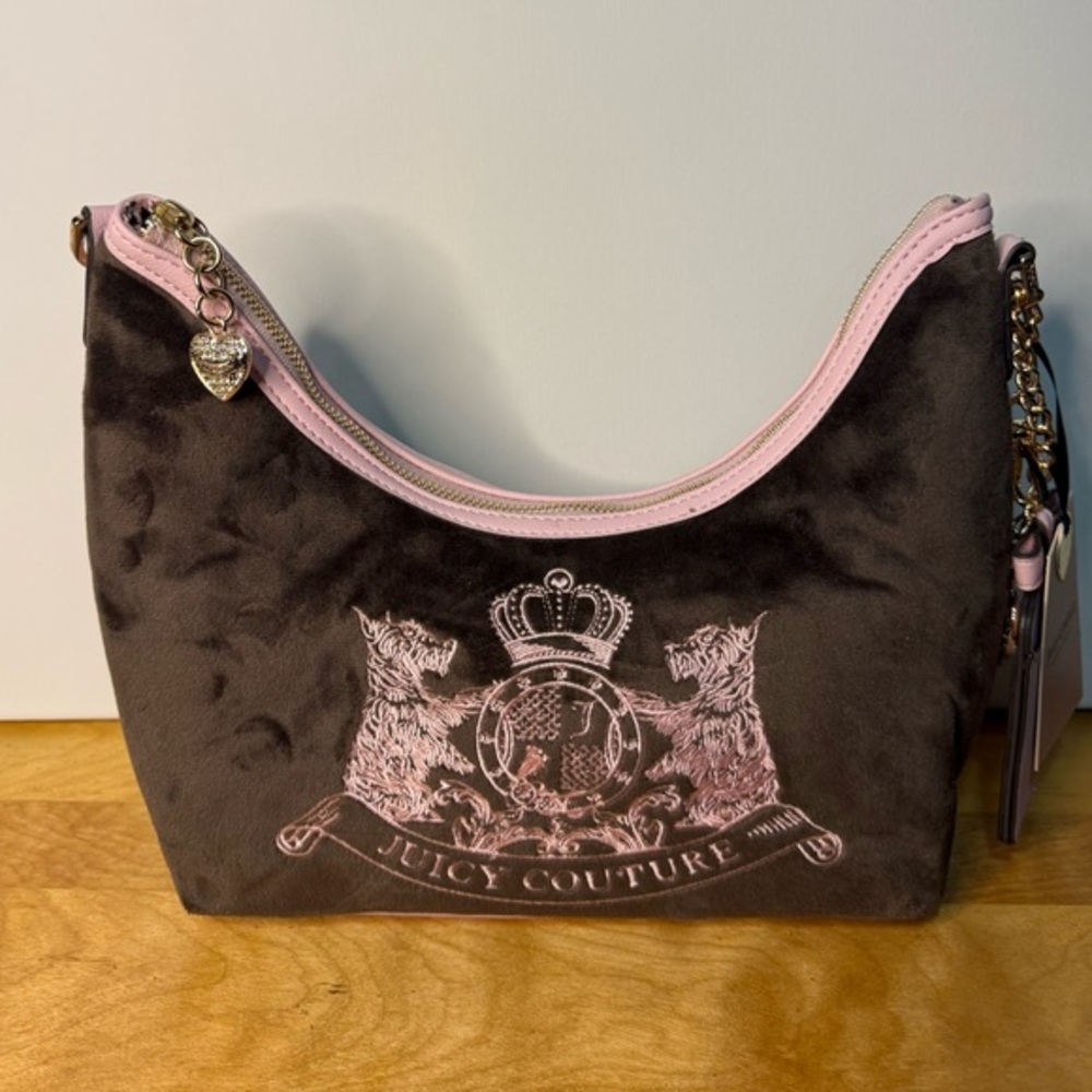 Juicy Couture Velour Hobo Bag Brown Pink Crest Gold Chain NWT